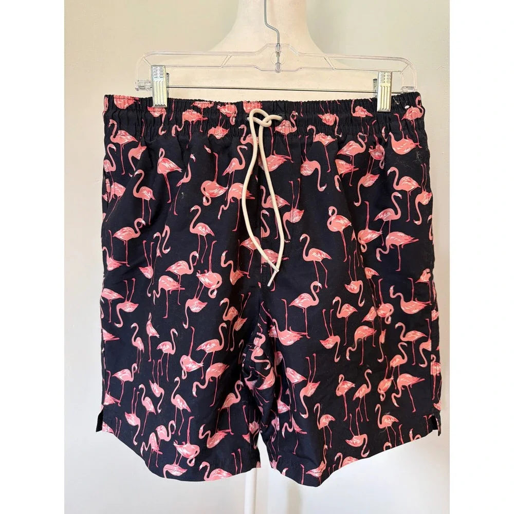 Old Navy Mens Flamingo Print Swim Trunks Navy Pink Mesh Lining Medium NWOT